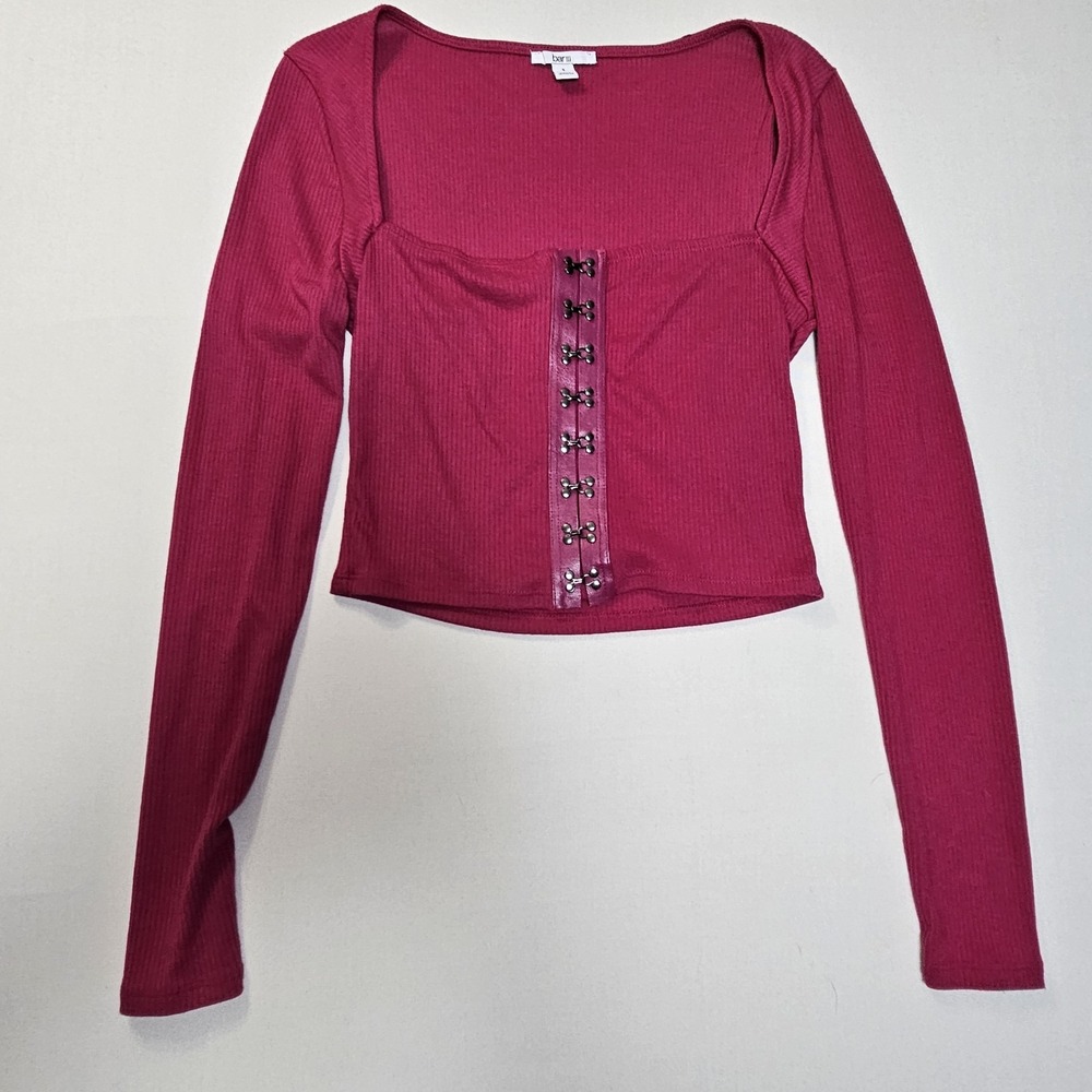 Bar III Hook Eye Front Long Sleeve Top‎ S Pink Ribbed Stretch Square Neck
